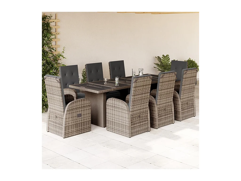 9 pcs conjunto de jantar p/ jardim c/ almofadões vime PE cinza