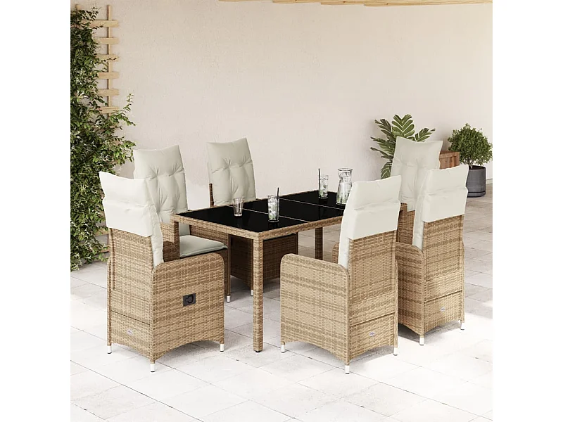 7 pcs conjunto de bistrô para jardim c/ almofadões vime PE bege