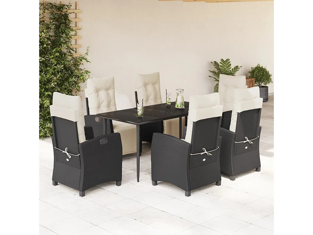 Ensemble à manger de jardin coussins 7pcs Noir Résine tressée