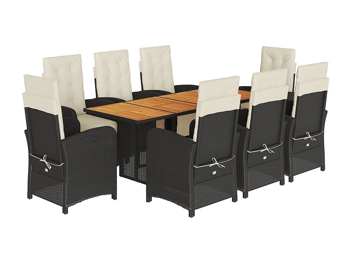 9 pcs conjunto de jantar p/ jardim c/ almofadões vime PE preto