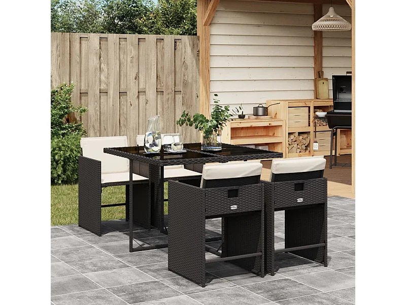 Set da Pranzo da Giardino 5 pz Nero con Cuscini in Polyrattan