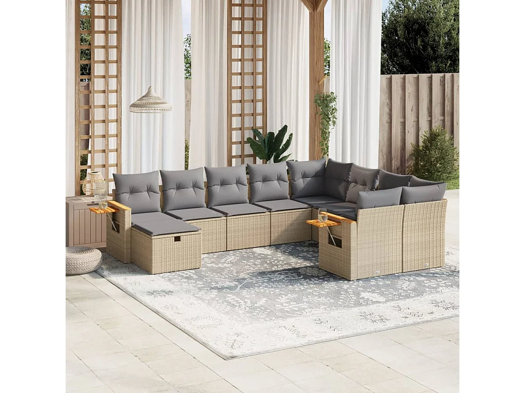 10-delige Loungeset met kussens poly rattan beige