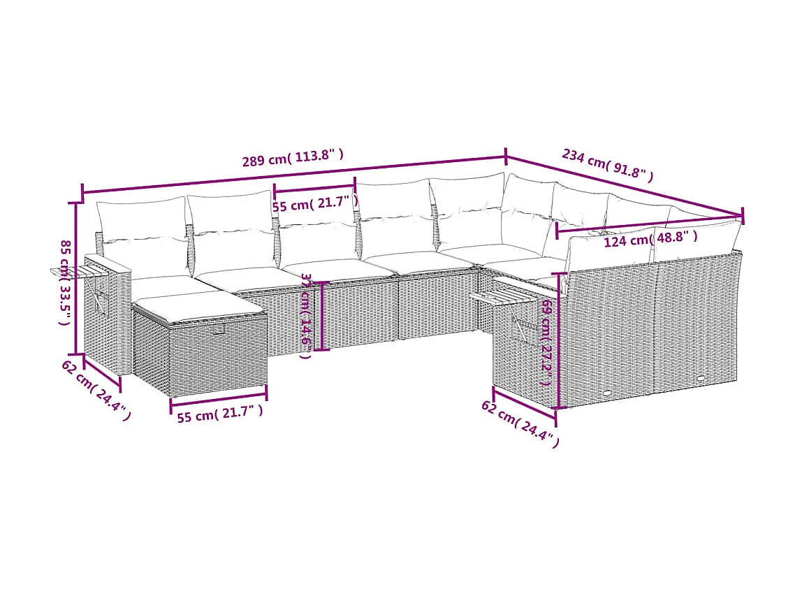 10-delige Loungeset met kussens poly rattan beige