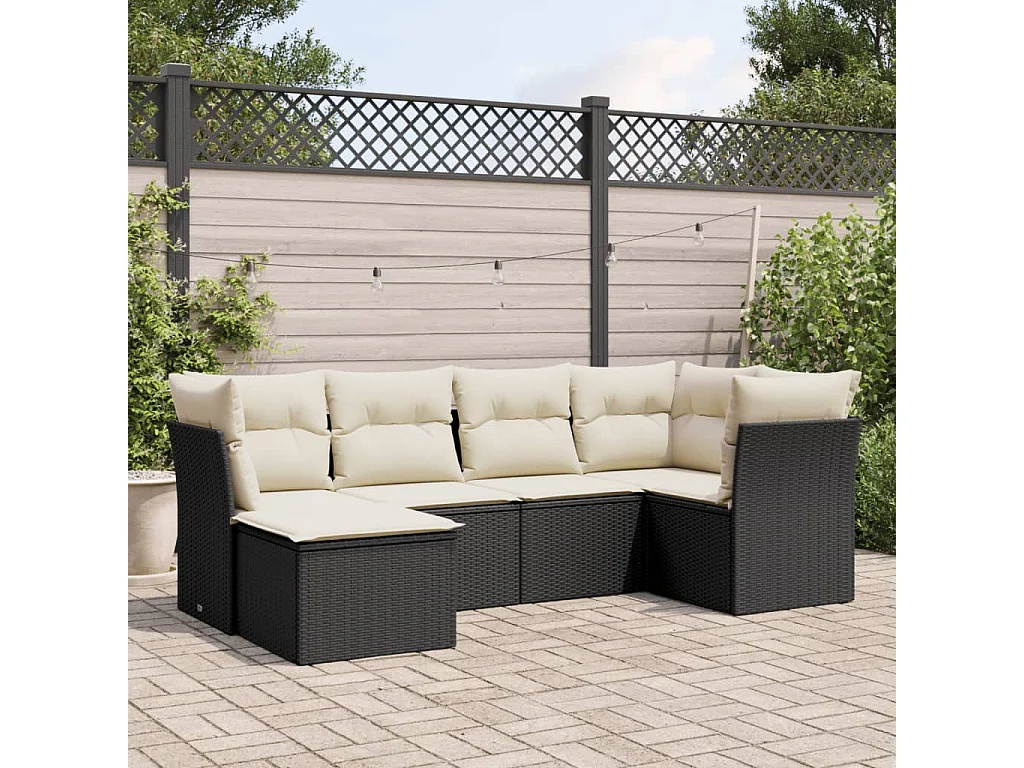 Set Divano da Giardino 6 pz con Cuscini Nero in Polyrattan