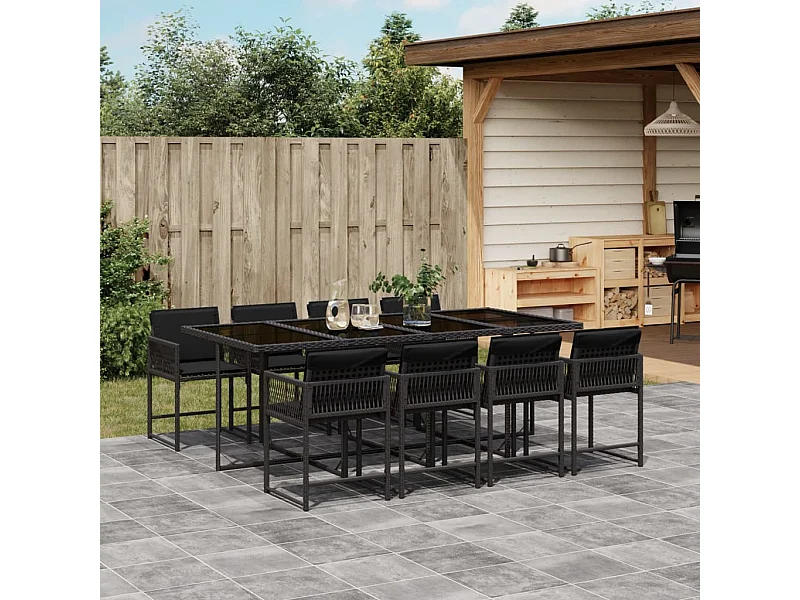 Ensemble à manger de jardin 9pcs coussins noir résine tressée