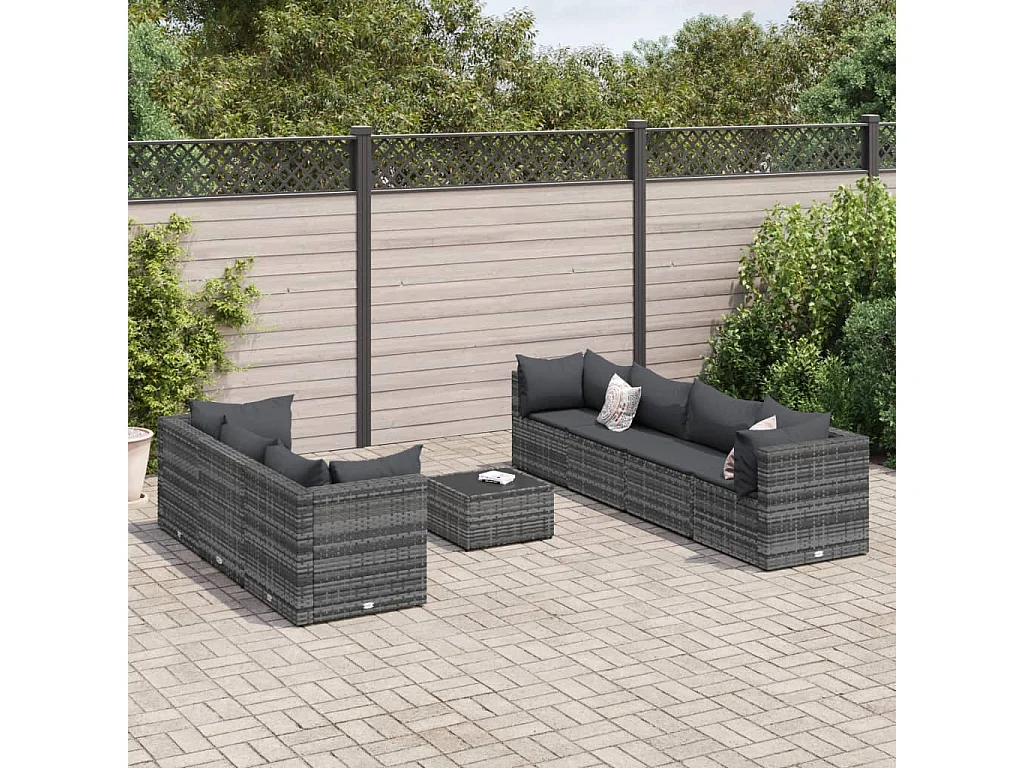8-tlg. Garten-Lounge-Set mit Kissen Grau Poly Rattan
