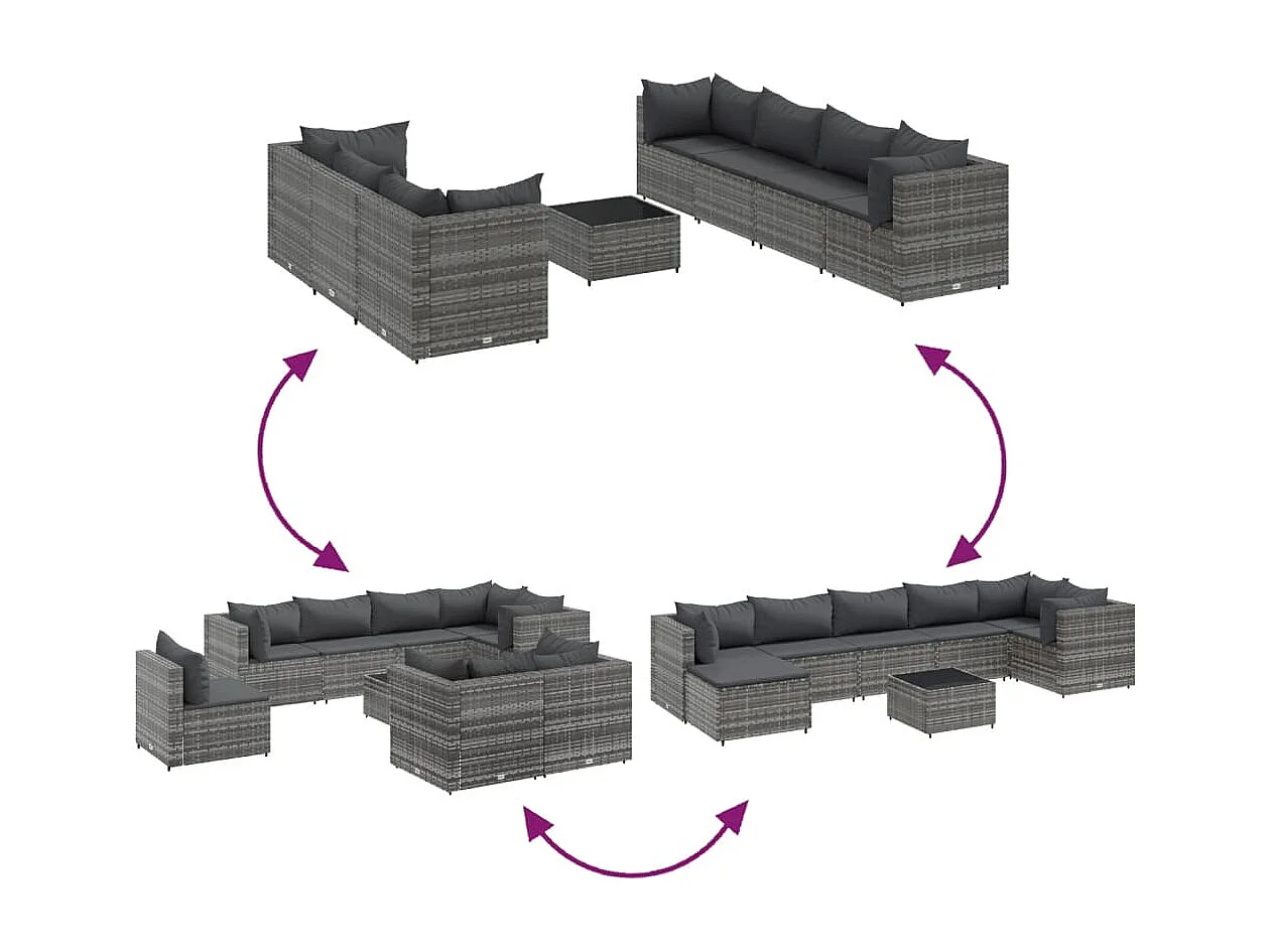 8-tlg. Garten-Lounge-Set mit Kissen Grau Poly Rattan