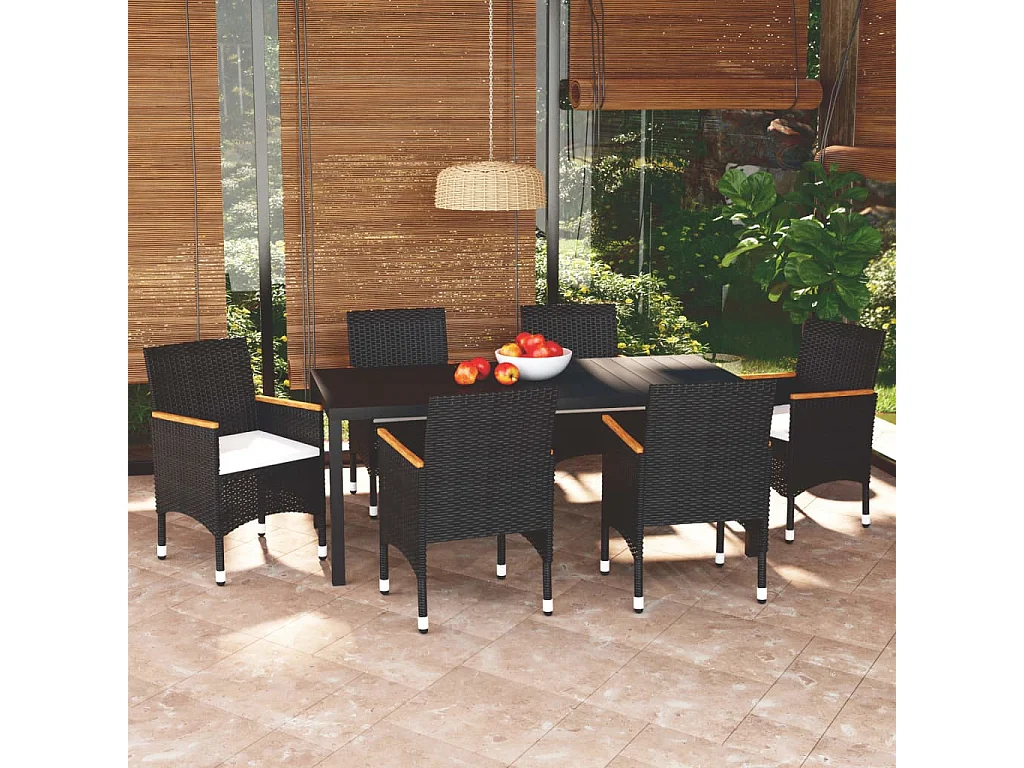 Ensemble à manger de jardin coussins 7pcs Résine tressée Noir