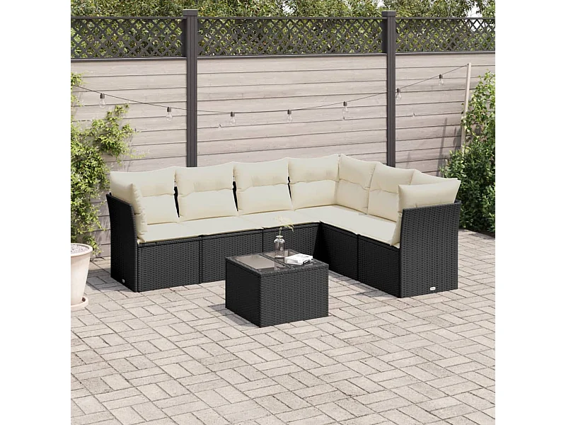 Set de comedor de jardín 7 pzas y cojines ratán sintético negro