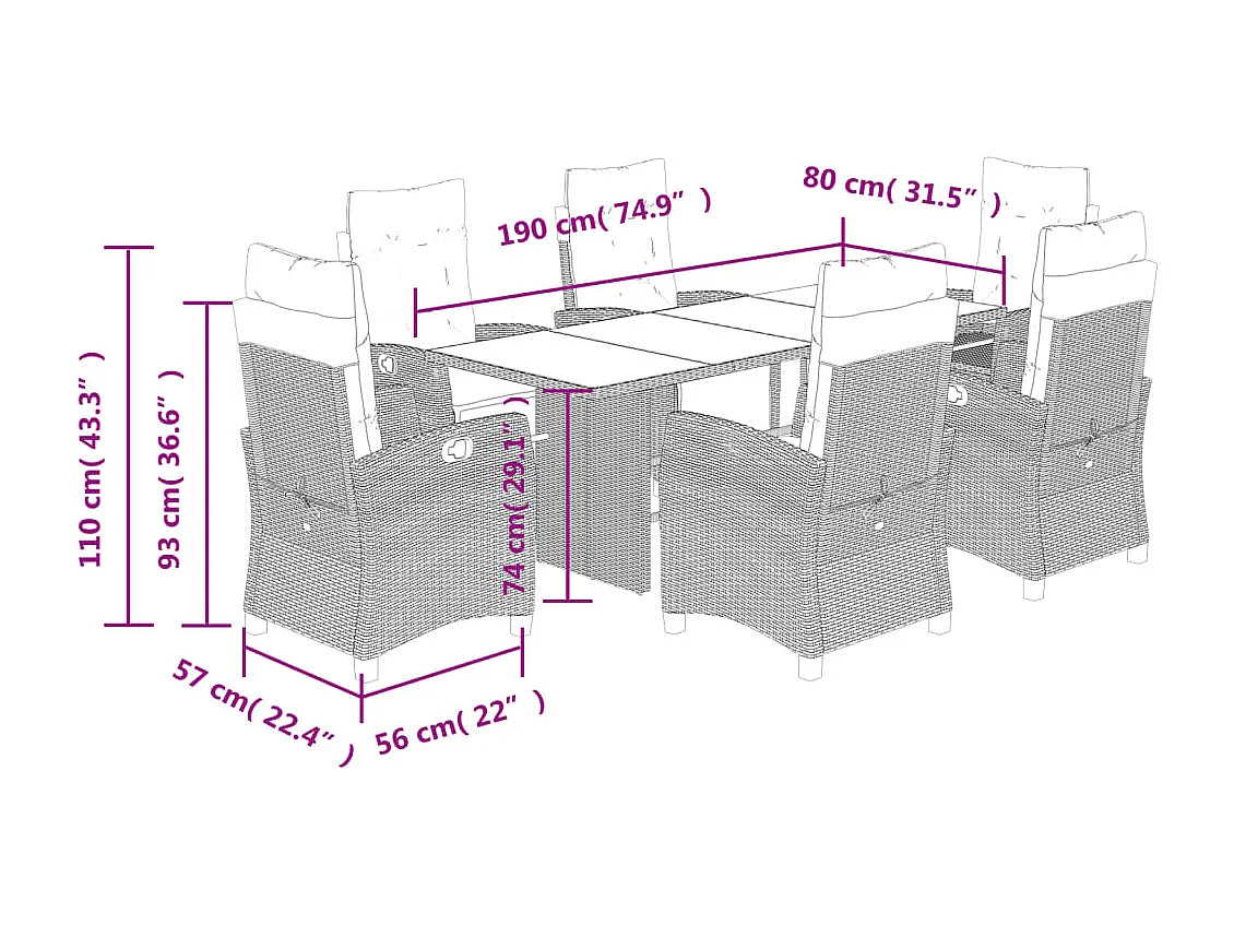 7 pcs conj. jantar jardim c/ almofadões vime PE bege misturado