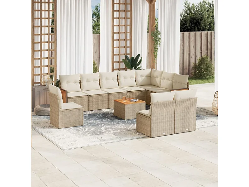 11-tlg. Garten-Sofagarnitur mit Kissen Beige Poly Rattan