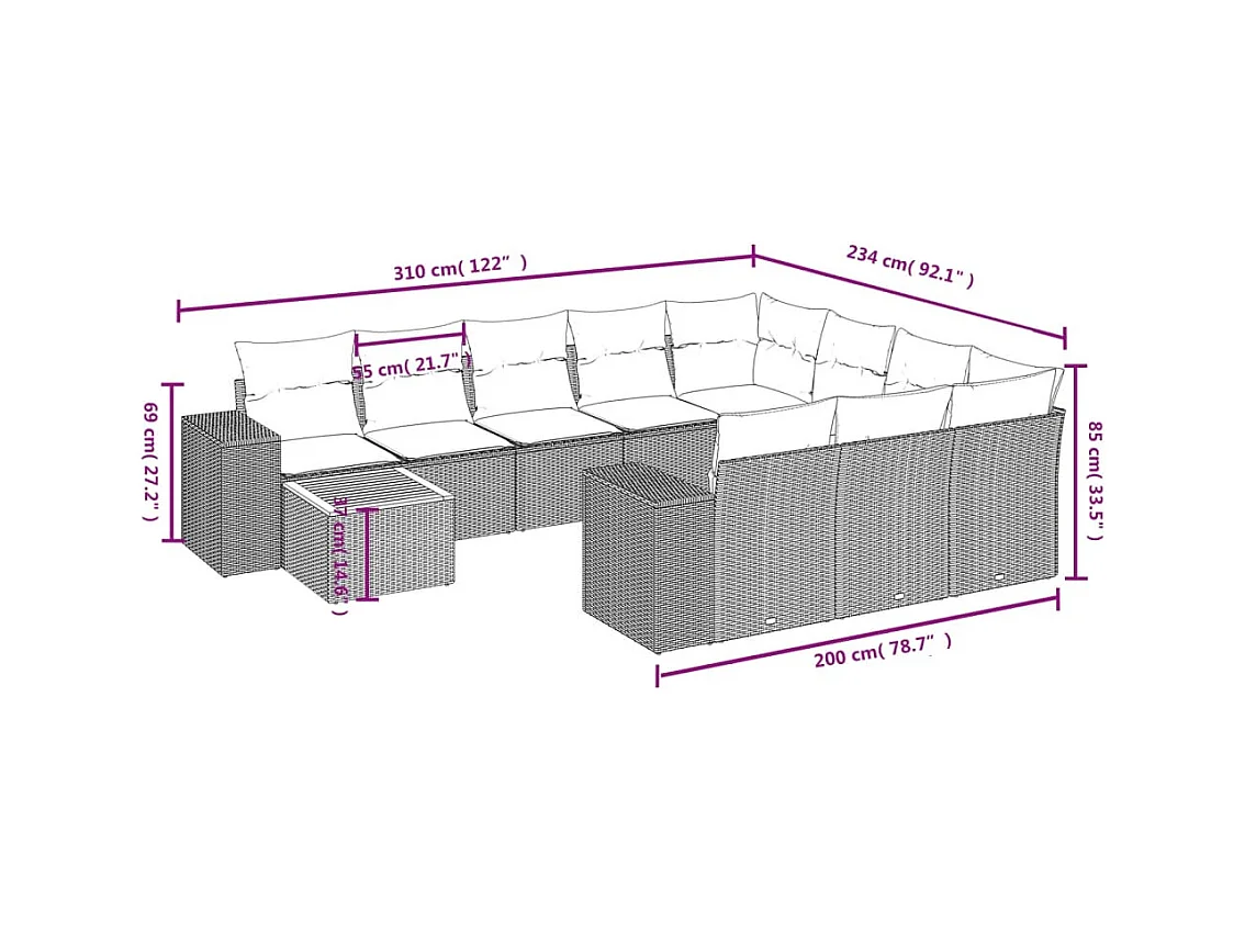 11-delige Loungeset met kussens poly rattan grijs