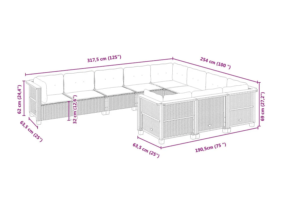 Salon de jardin avec coussins 10 pcs gris résine tressée