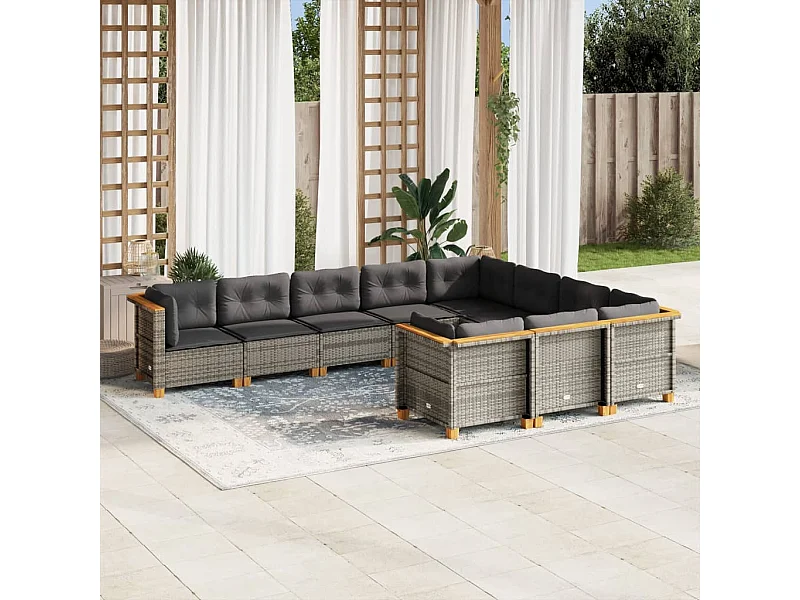 Salon de jardin avec coussins 10 pcs gris résine tressée
