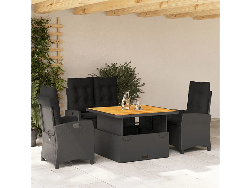 Set da Pranzo da Giardino 4 pz con Cuscini Nero in Polyrattan