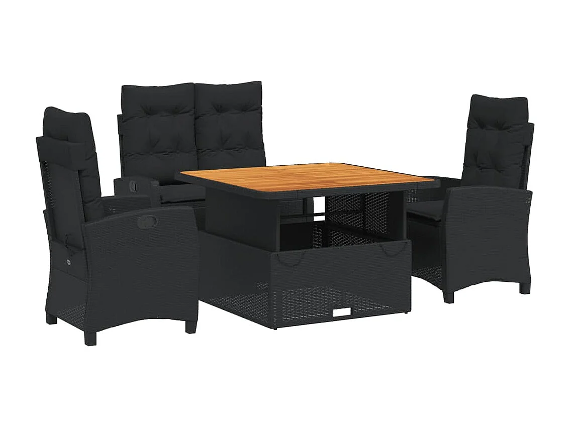 Set da Pranzo da Giardino 4 pz con Cuscini Nero in Polyrattan