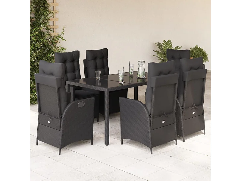 Ensemble à manger de jardin coussins 7pcs Noir Résine tressée