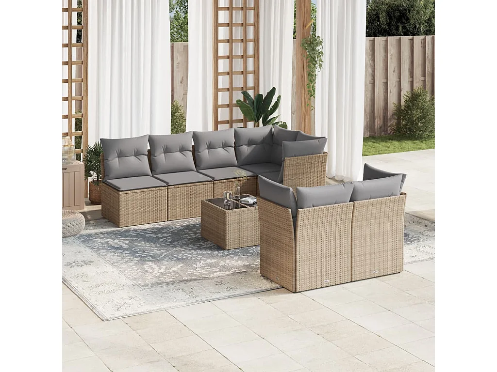 Set Divano da Giardino 8 pz con Cuscini Beige in Polyrattan
