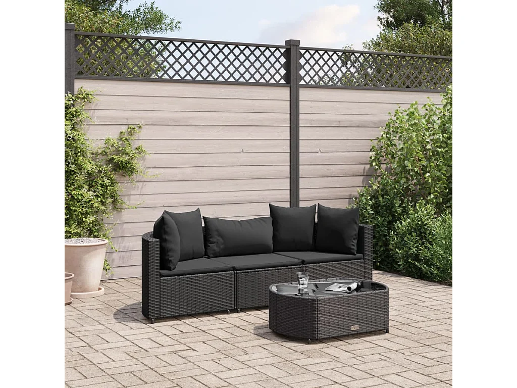 4 pcs conjunto de sofás para jardim c/ almofadões vime PE preto