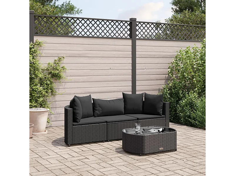 Salon de jardin 4 pcs avec coussins noir résine tressée