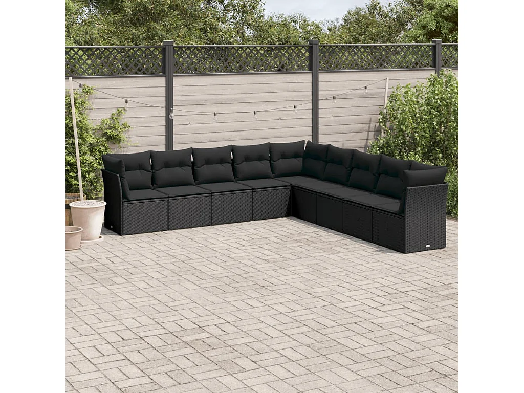 Salon de jardin 9 pcs avec coussins noir résine tressée
