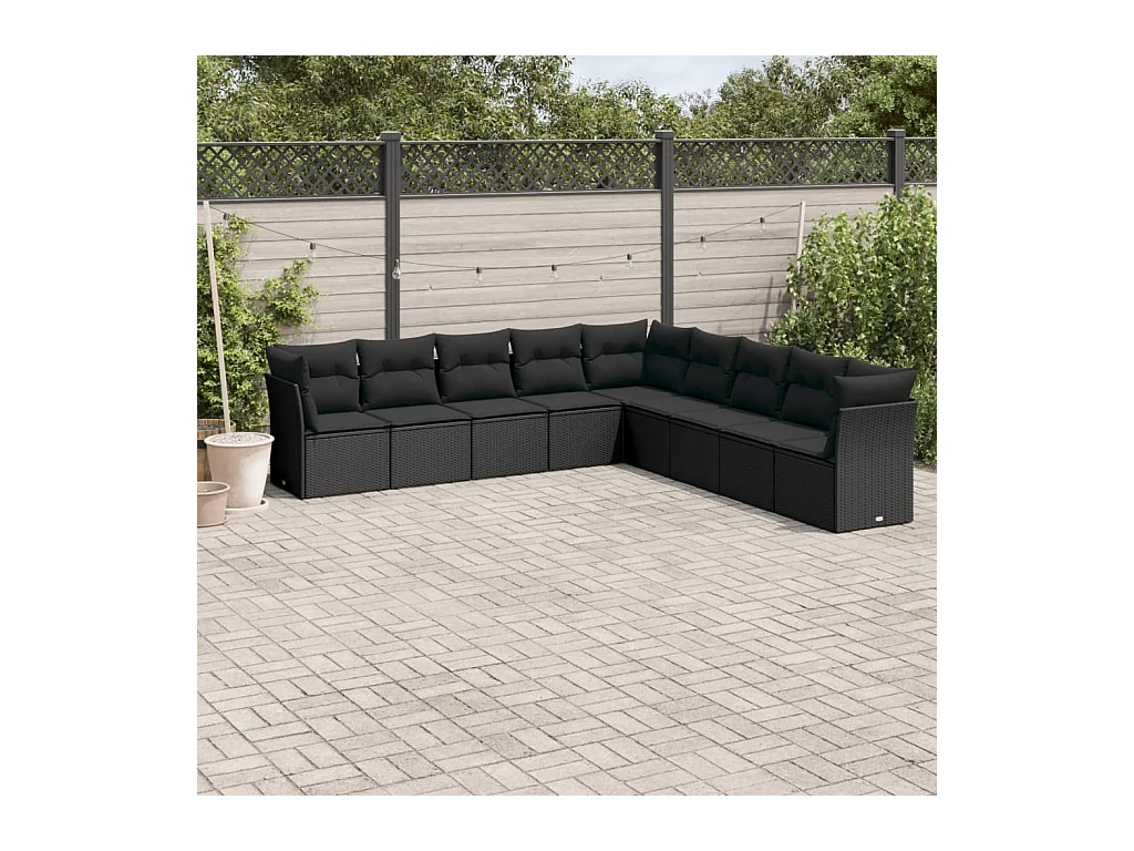 9-tlg. Garten-Sofagarnitur mit Kissen Schwarz Poly Rattan