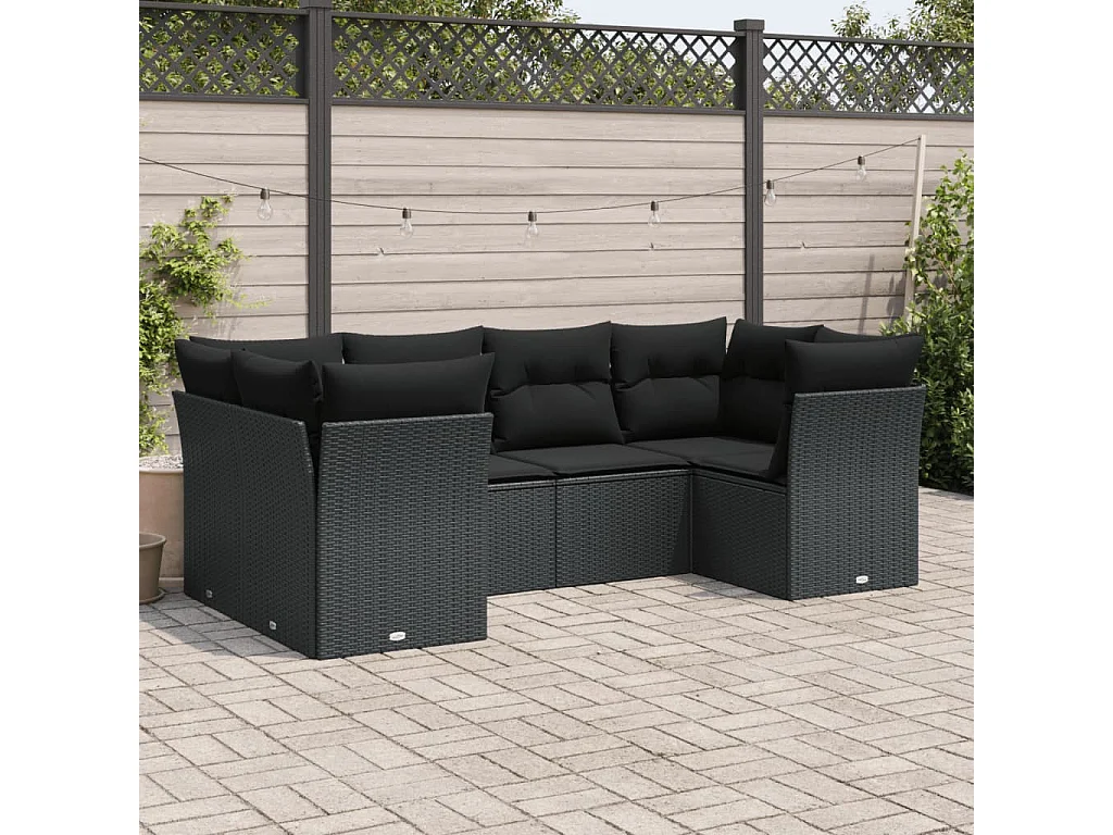 6 pcs conjunto sofás de jardim c/ almofadões vime PE preto