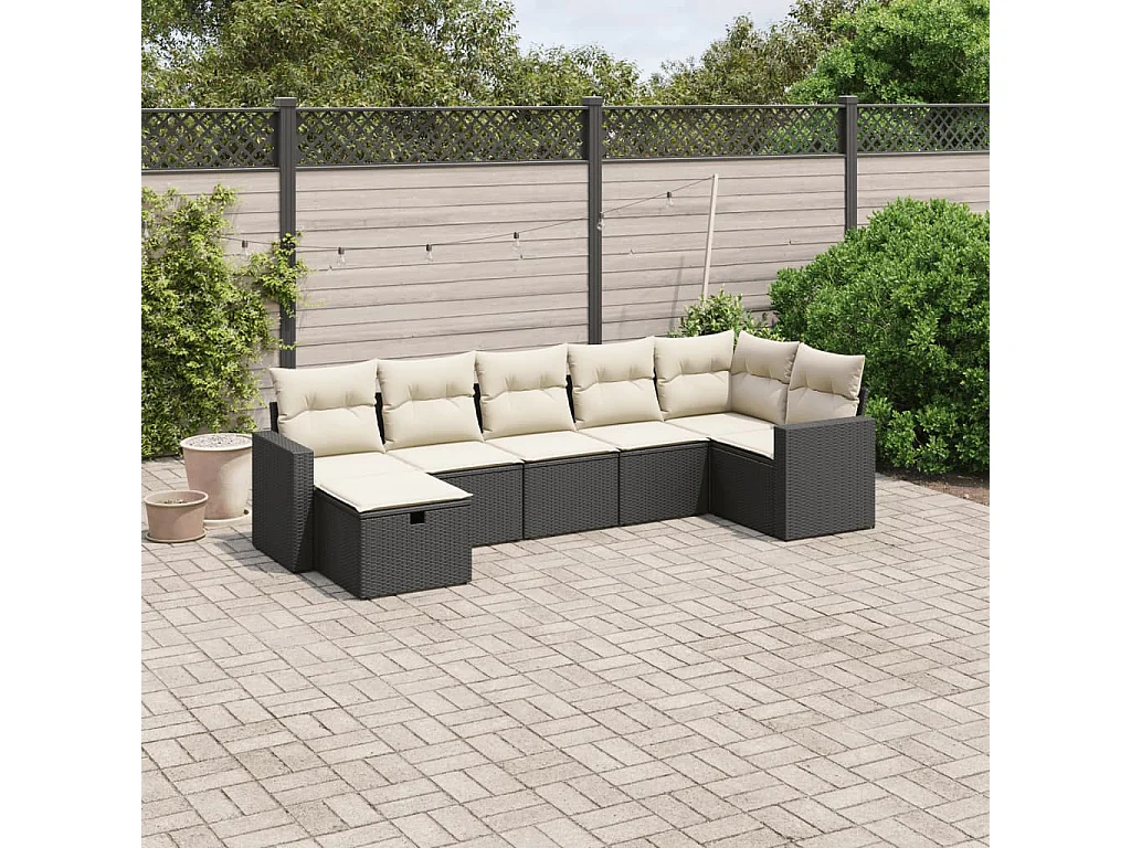 7-delige Loungeset met kussens poly rattan zwart
