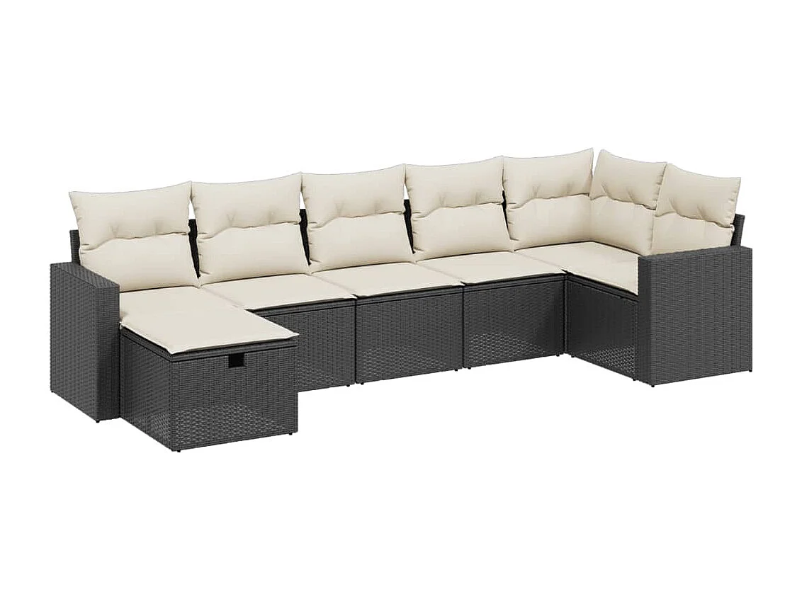 7-delige Loungeset met kussens poly rattan zwart