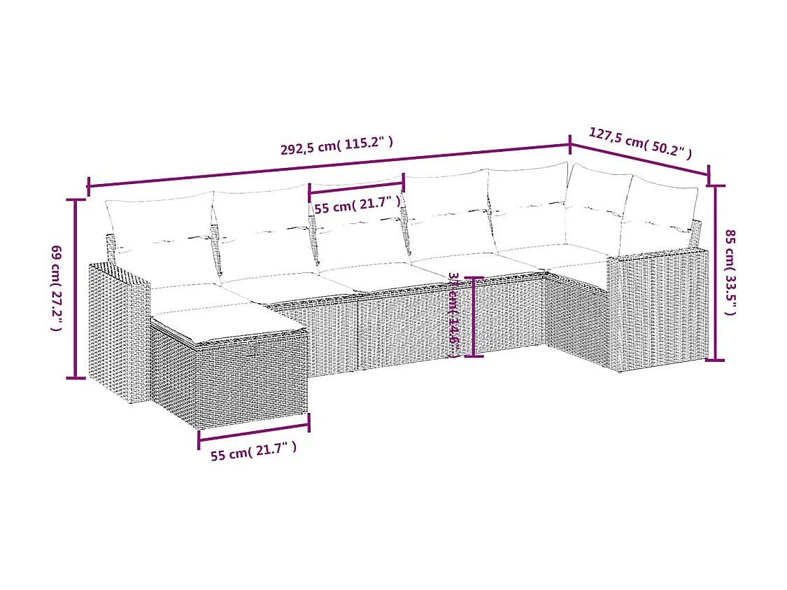 7-delige Loungeset met kussens poly rattan zwart
