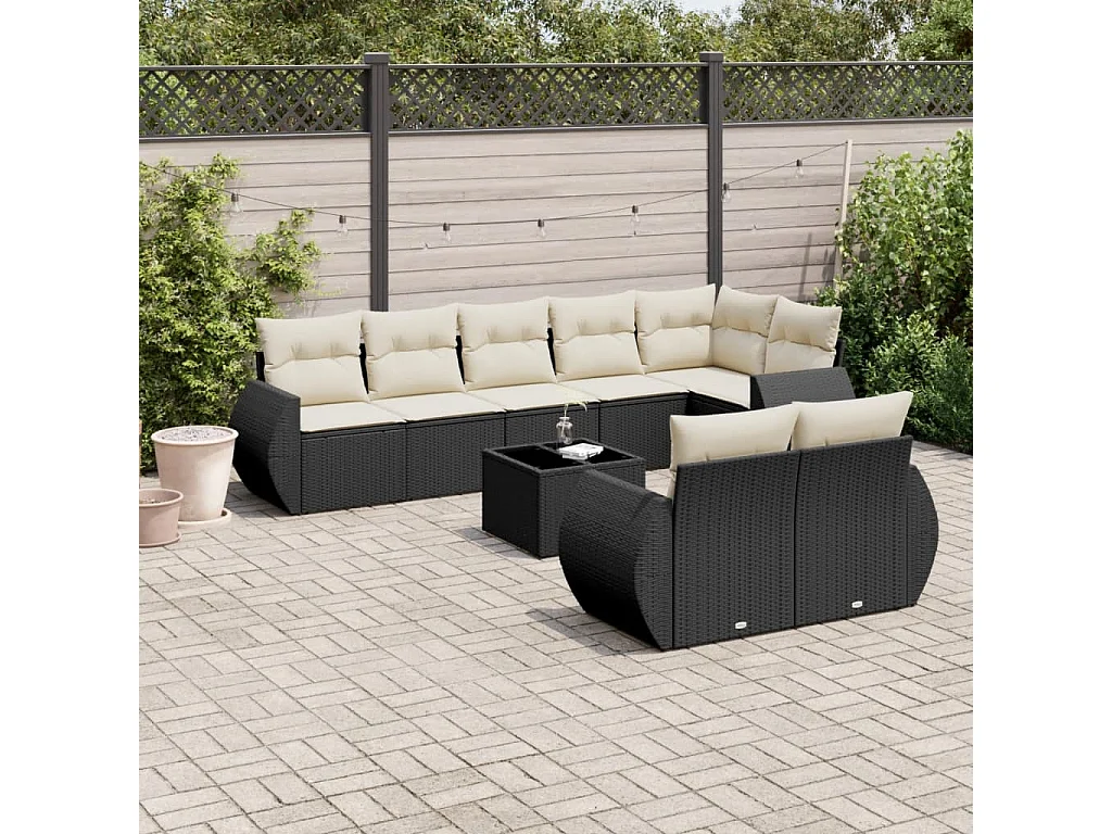 Salon de jardin 9 pcs avec coussins noir résine tressée