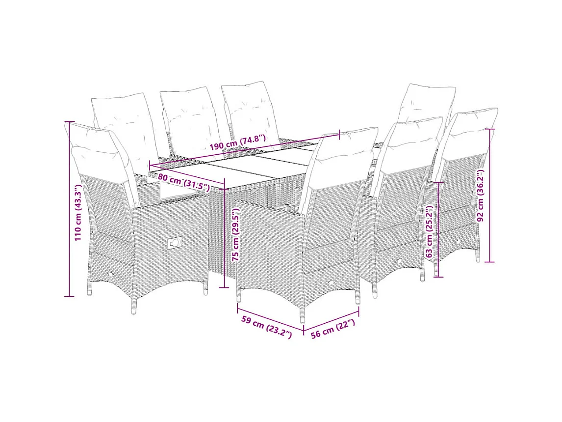 9 pcs conjunto de jantar p/ jardim com almofadões vime PE bege