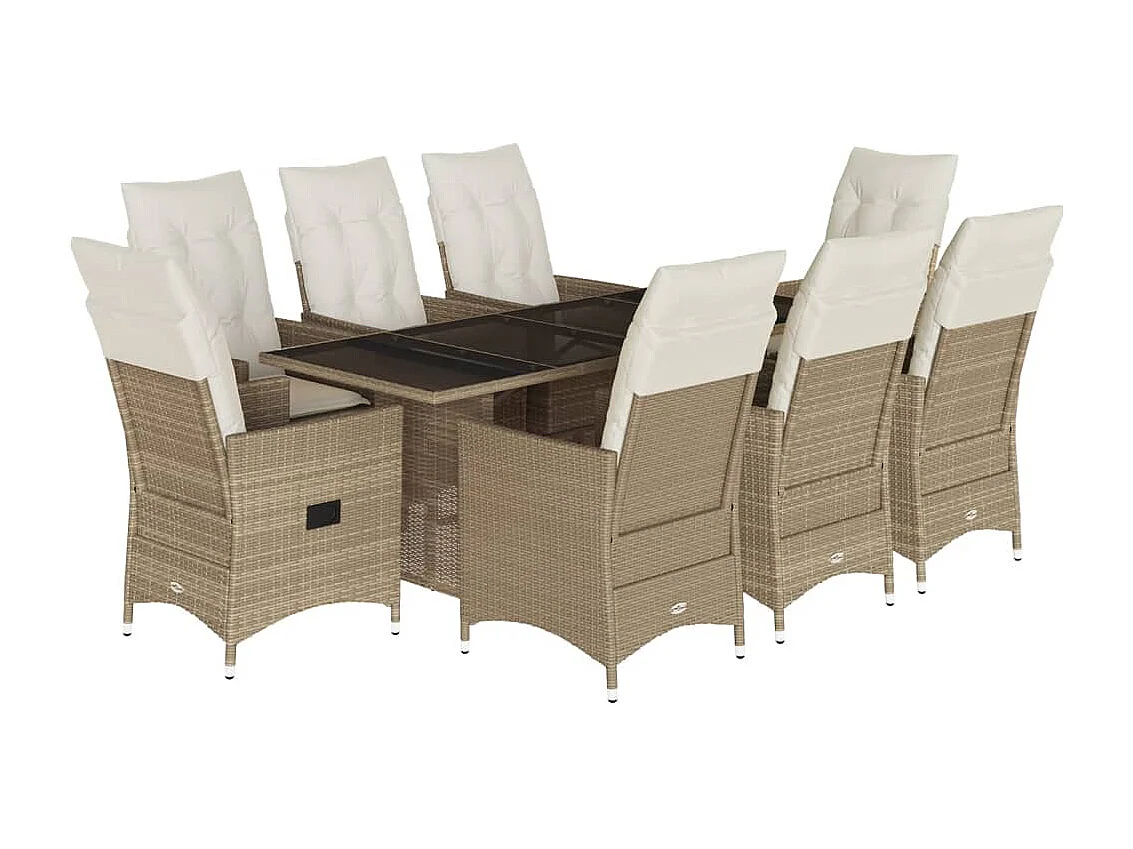 9 pcs conjunto de jantar p/ jardim com almofadões vime PE bege