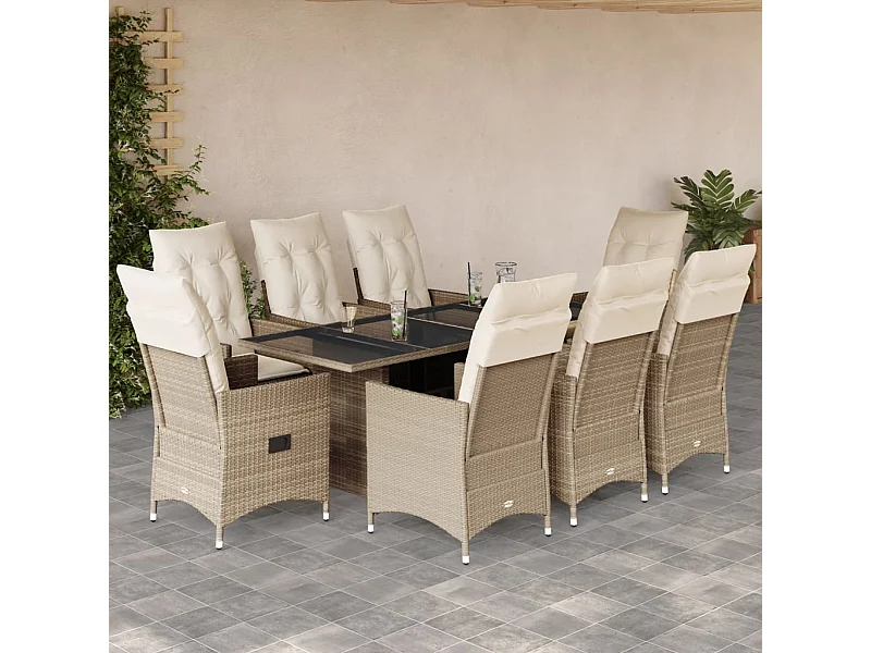 9 pcs conjunto de jantar p/ jardim com almofadões vime PE bege