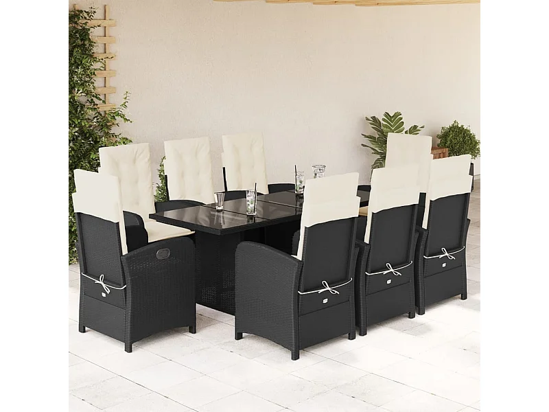 9-tlg. Garten-Essgruppe mit Kissen Schwarz Poly Rattan