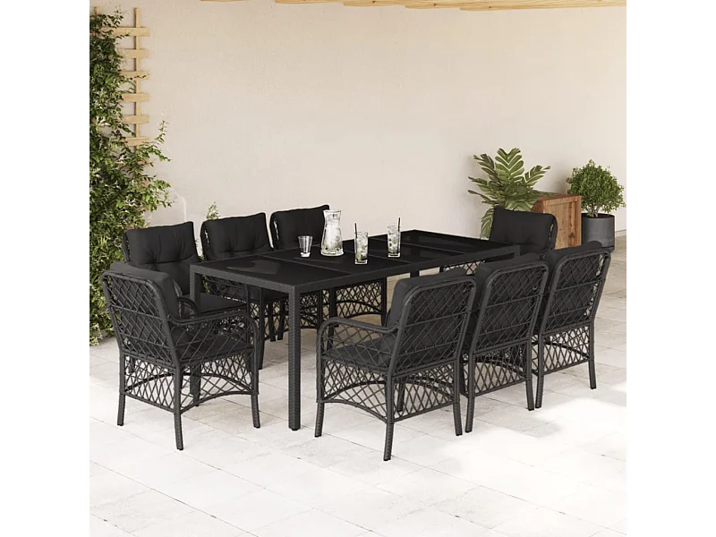 Ensemble à manger de jardin 9pcs coussins noir résine tressée