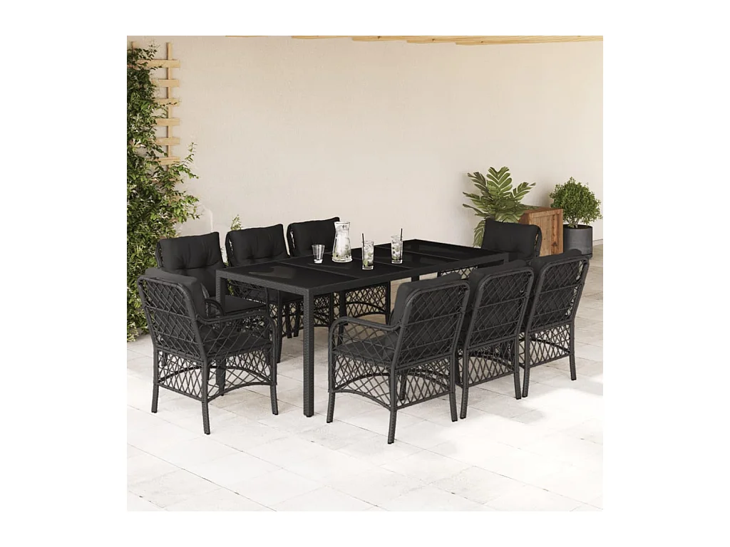 Ensemble à manger de jardin 9pcs coussins noir résine tressée