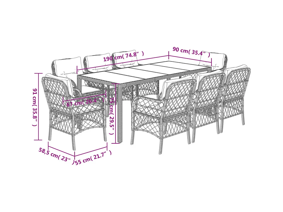 Ensemble à manger de jardin 9pcs coussins noir résine tressée