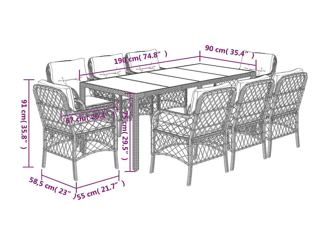 9 pcs conjunto de jantar p/ jardim c/ almofadões vime PE preto