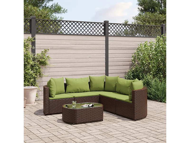 Set Divano da Giardino 6 pz con Cuscini Marrone in Polyrattan
