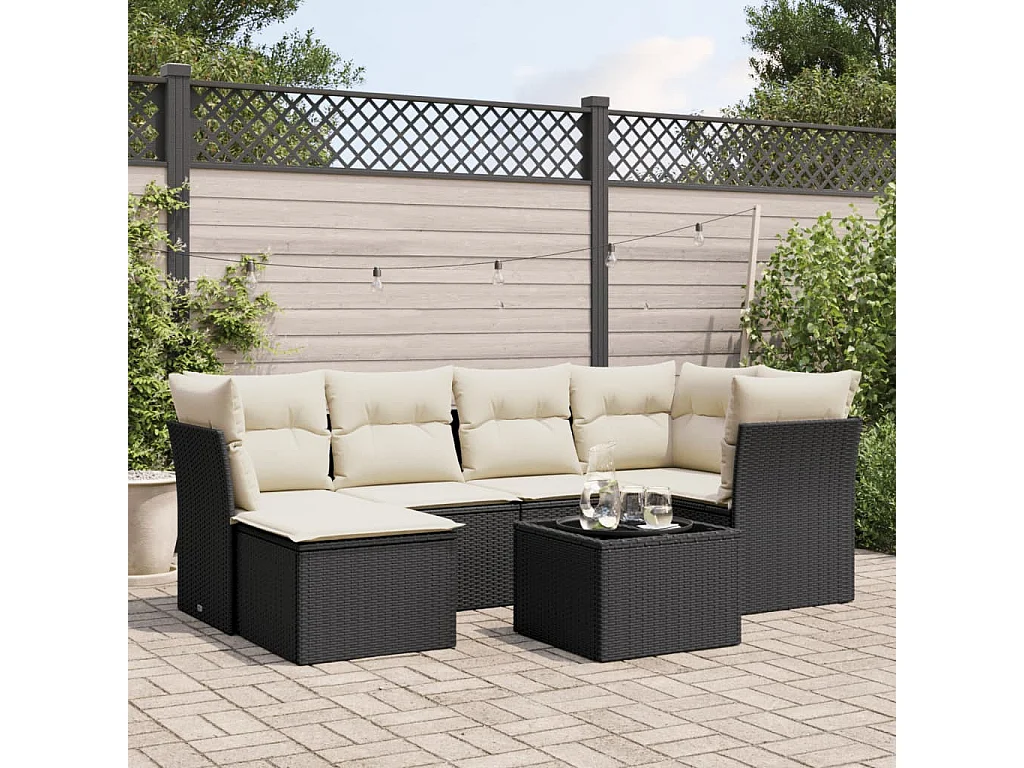 Salon de jardin 7 pcs avec coussins noir résine tressée