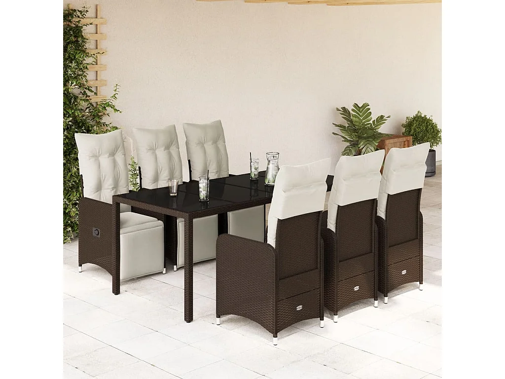 Set de mesa y sillas jardín 7 pzas con cojines ratán PE marrón