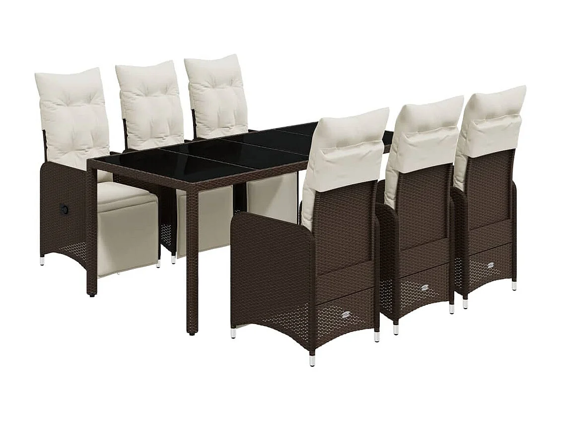 Set de mesa y sillas jardín 7 pzas con cojines ratán PE marrón