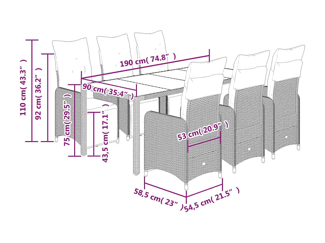 Set de mesa y sillas jardín 7 pzas con cojines ratán PE marrón