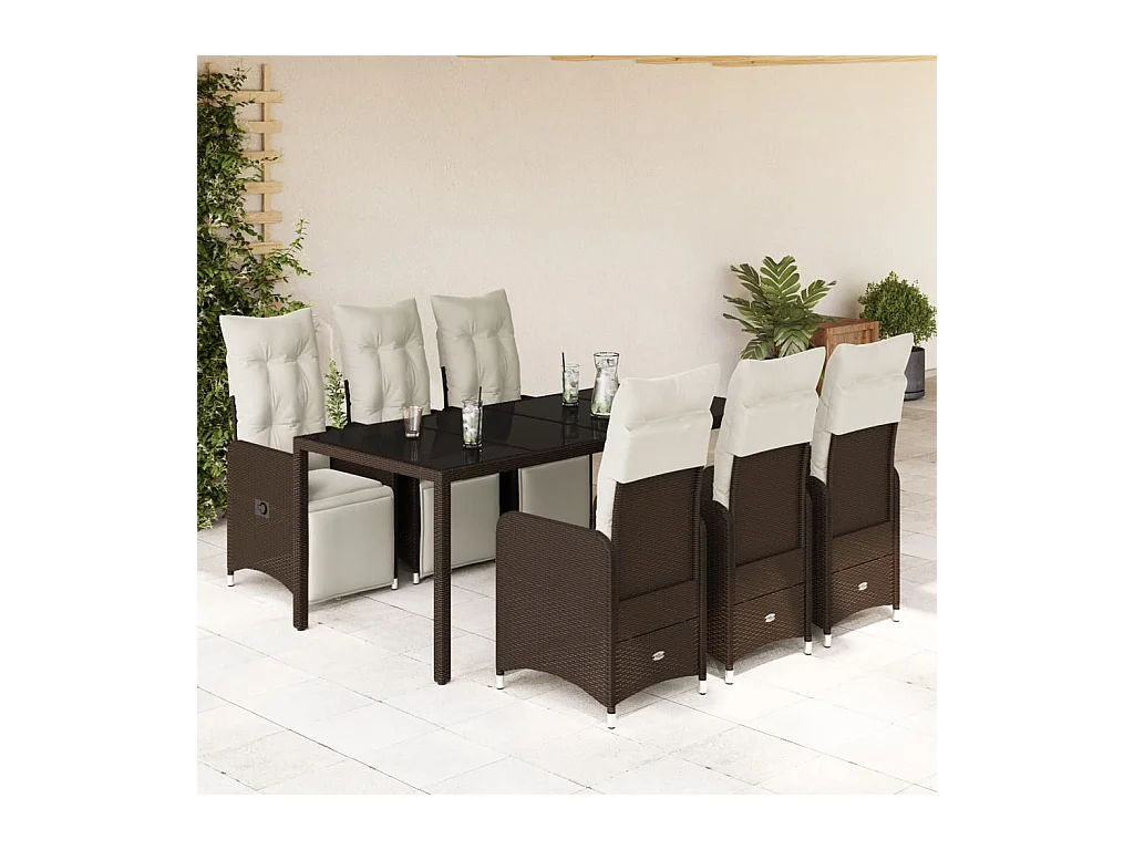 Ensemble de bistro de jardin 7 pcs coussins marron poly rotin