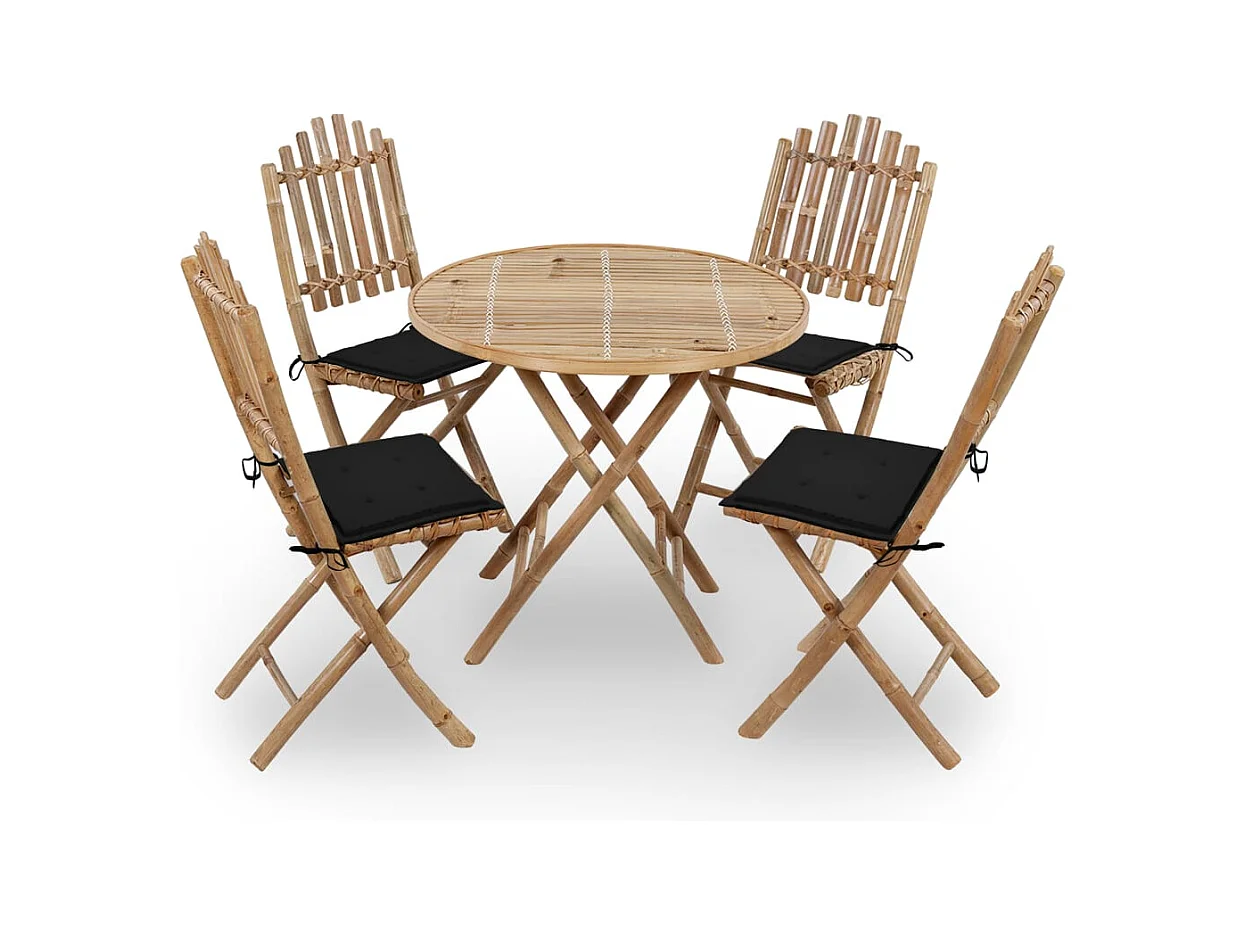 Set de comedor exterior plegable 5 piezas con cojines bambú