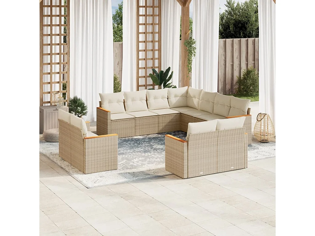 Set Divani da Giardino 11 pz con Cuscini Beige in Polyrattan
