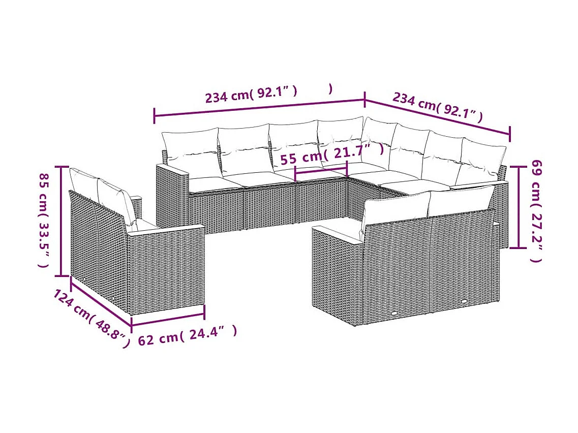 Set Divani da Giardino 11 pz con Cuscini Beige in Polyrattan