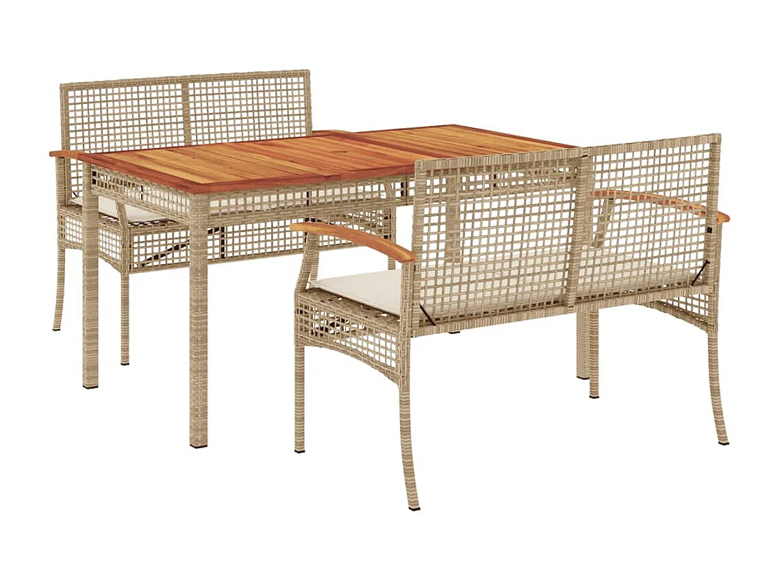 3 pcs conjunto de jantar p/ jardim com almofadões vime PE bege