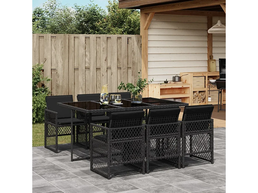 Set da Pranzo da Giardino 7 pz Nero con Cuscini in Polyrattan